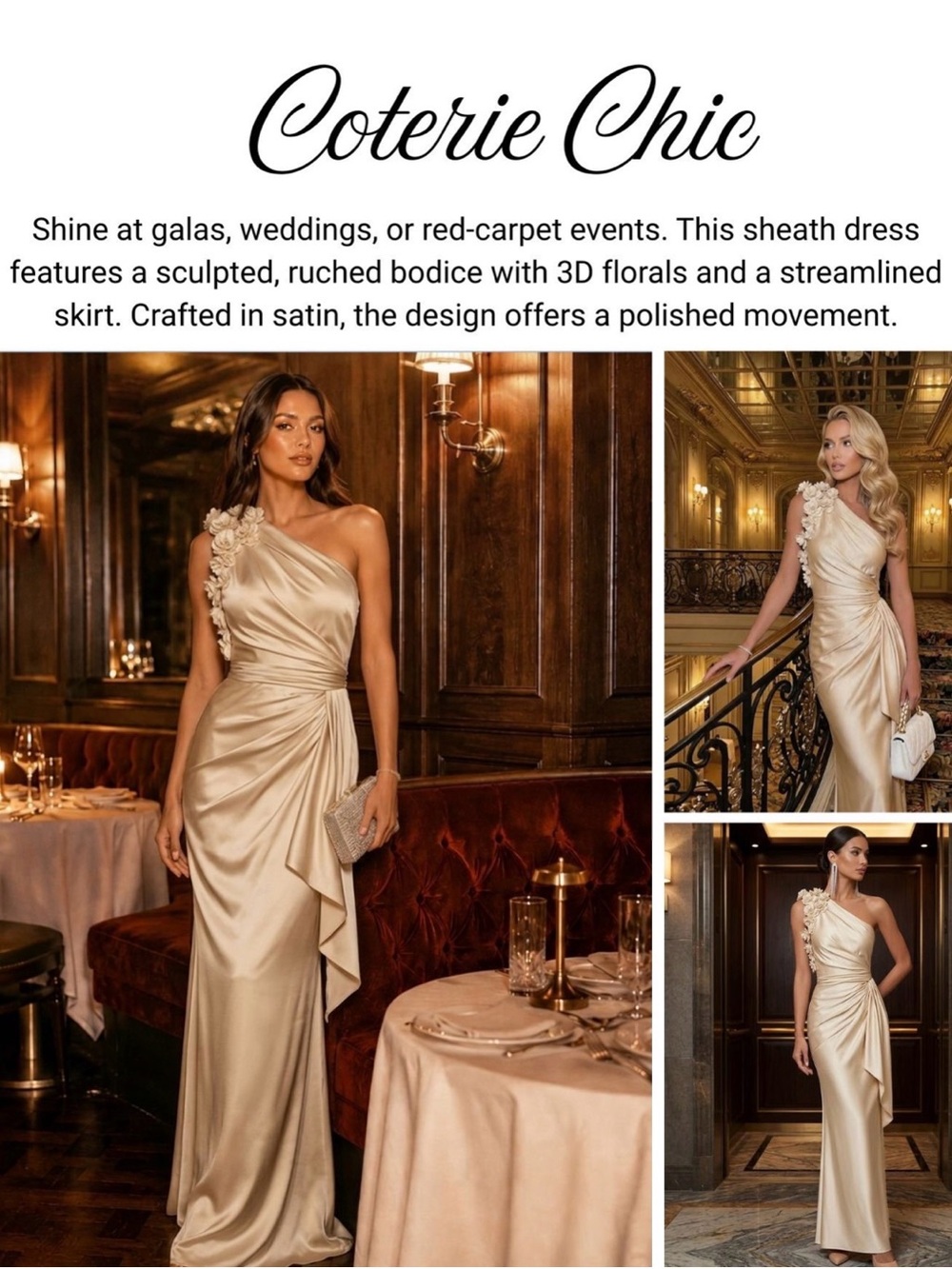 One-Shoulder Champagne Satin Evening Gown with Floral Accent #396 - Picture 11 of 13